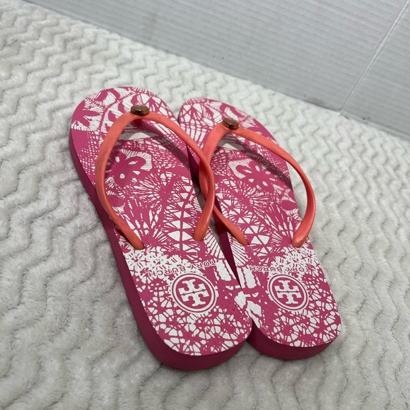 Tory Burch Women’s Size 6.5M Pink Floral Rubber Beach Flip Flop EUC - Picture 6 of 11